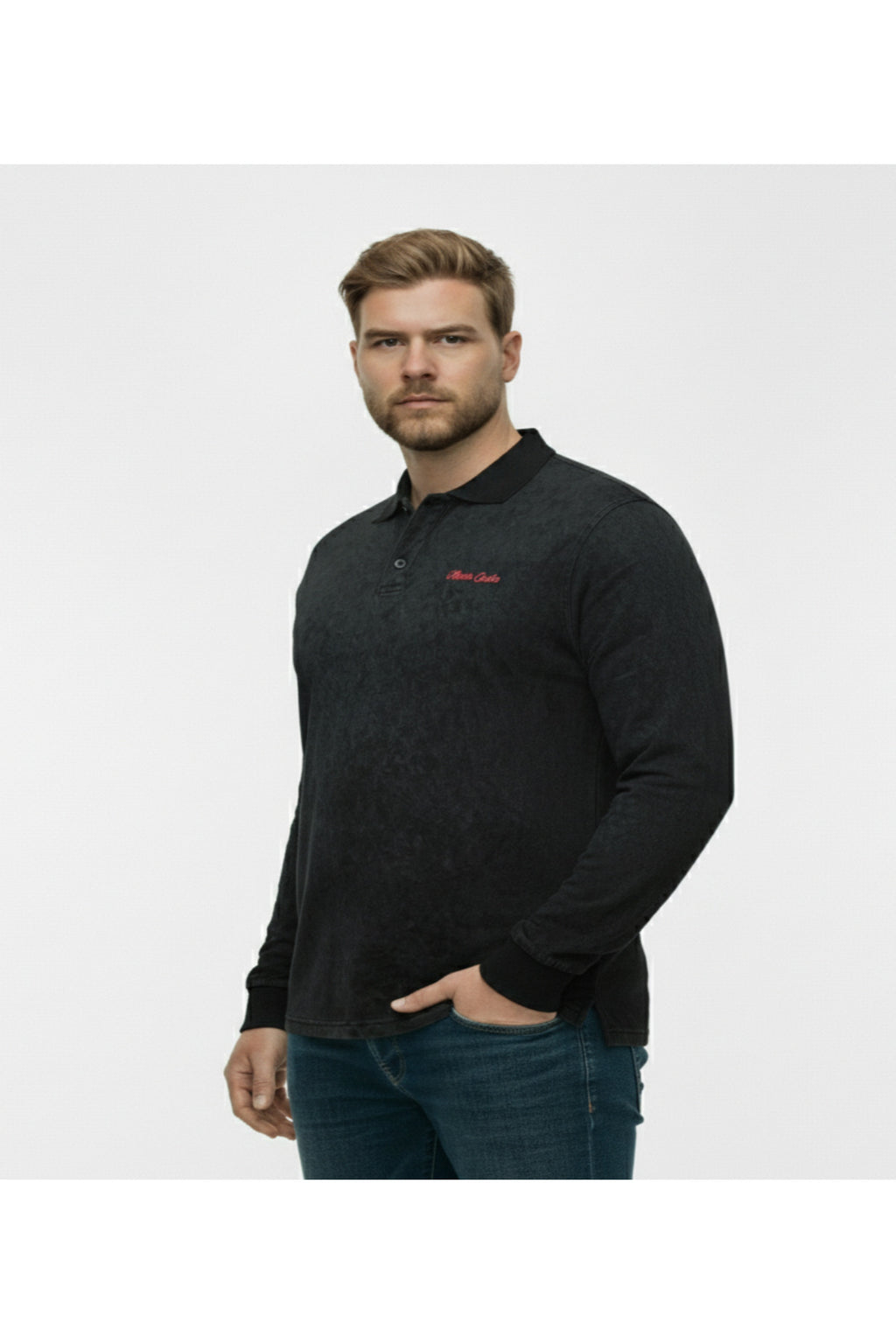 Büyük Beden Polo Yaka Uzun Kollu Kum Yıkamalı Sweatshirt