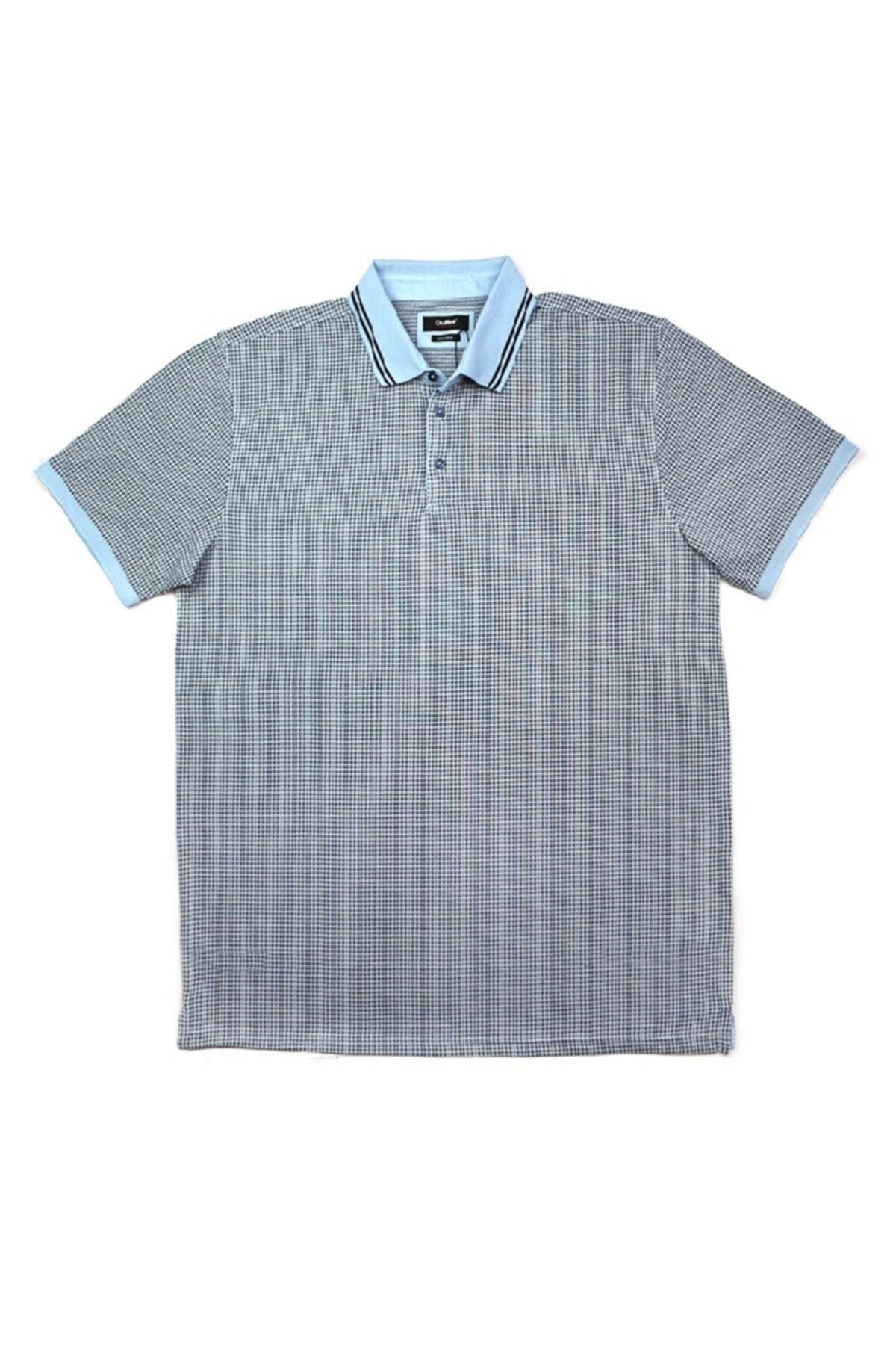 Erkek Mavi Büyük Beden Polo Yaka Jakarlı T-shirt