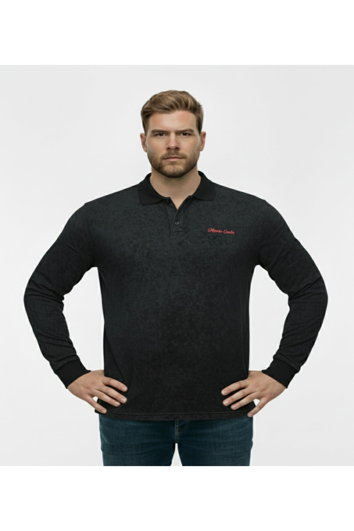 Büyük Beden Polo Yaka Uzun Kollu Kum Yıkamalı Sweatshirt