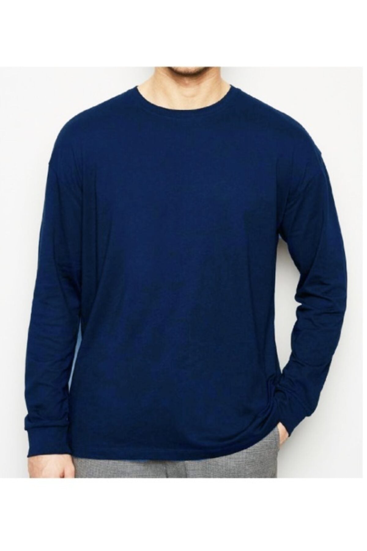 Erkek Mavi Büyük Beden Bisiklet Yaka Likralı Sweatshirt