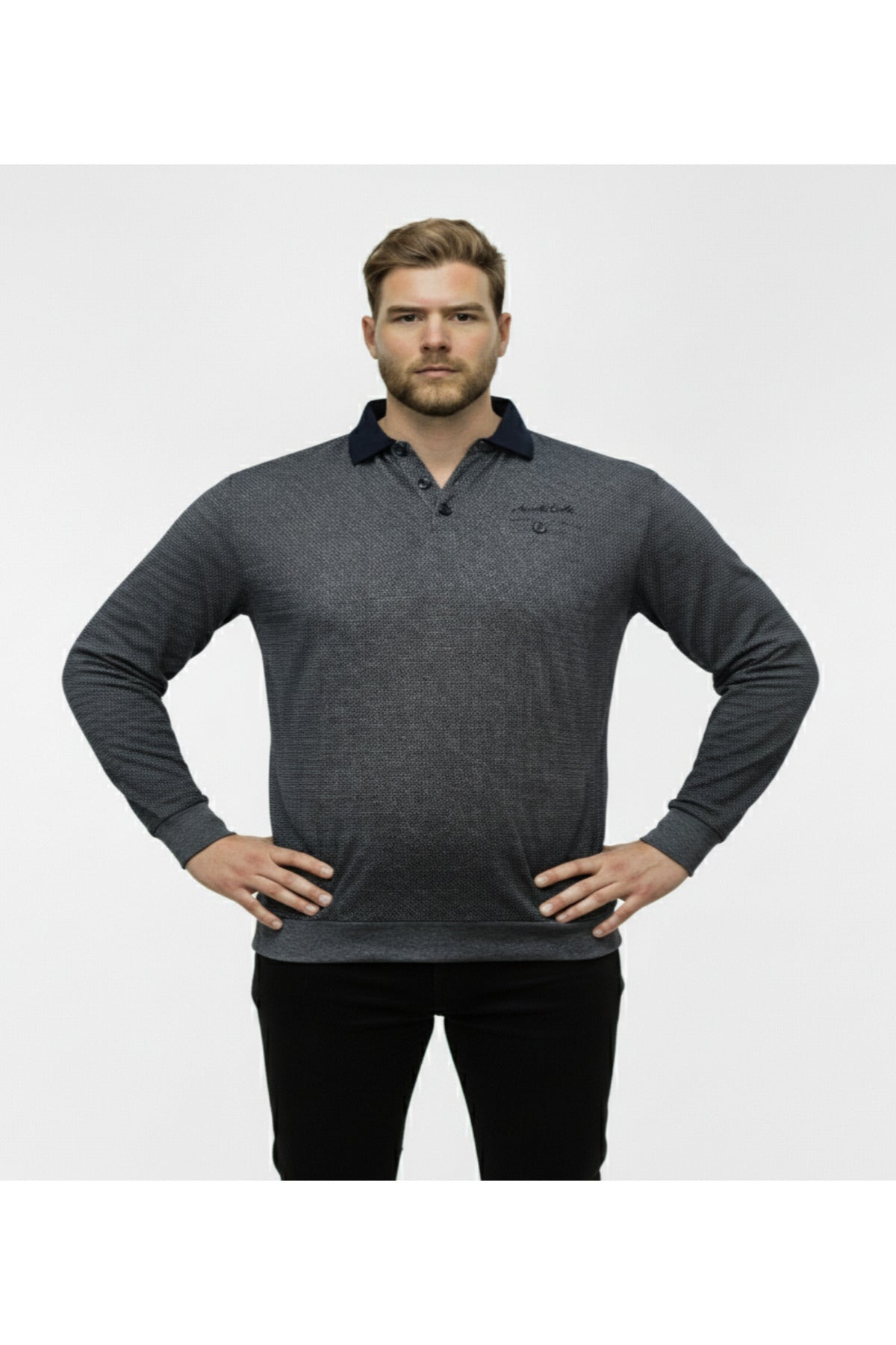 Büyük Beden Polo Yaka Uzun Kollu Sweatshirt
