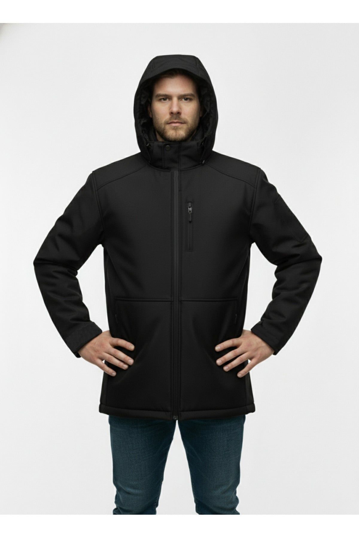 Büyük Beden Softshell Su Geçirmez Kapuşonlu Erkek Kaban 3XL-8L