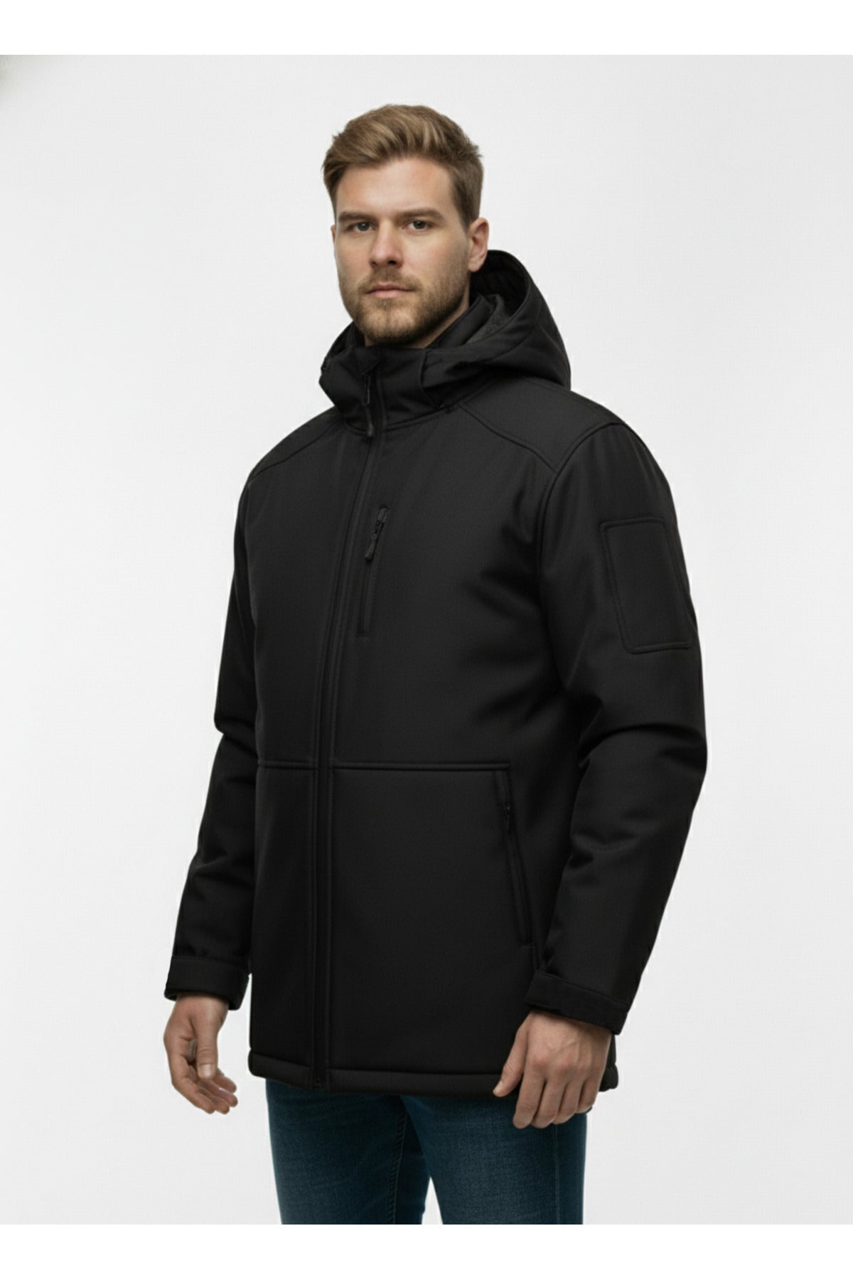 Büyük Beden Softshell Su Geçirmez Kapuşonlu Erkek Kaban 3XL-8L