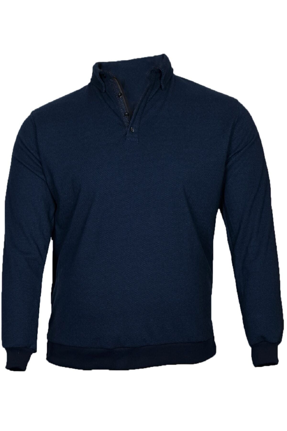 Büyük Beden Kışlık Polo Yaka Sweatshirt Lacivert