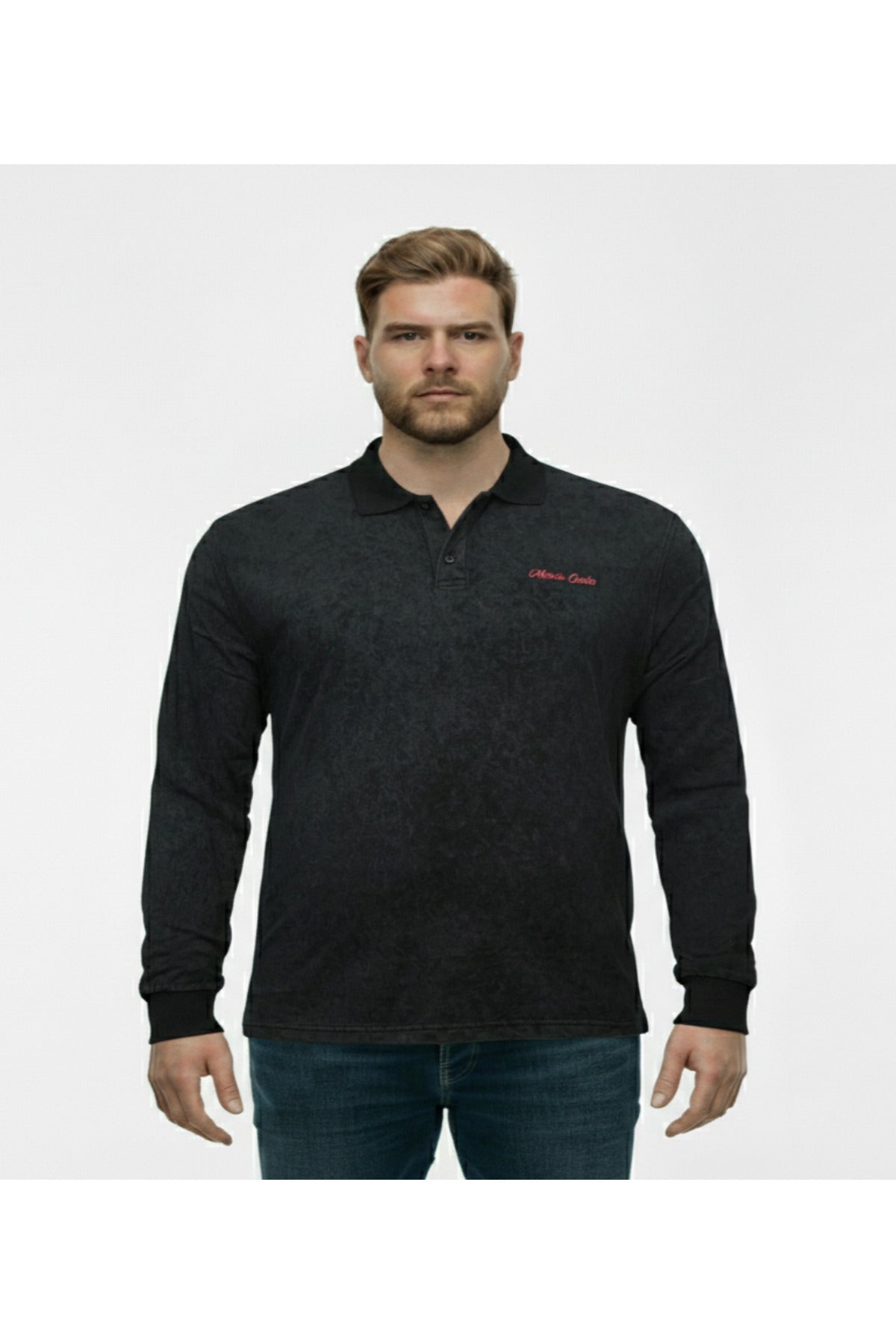 Büyük Beden Polo Yaka Uzun Kollu Kum Yıkamalı Sweatshirt