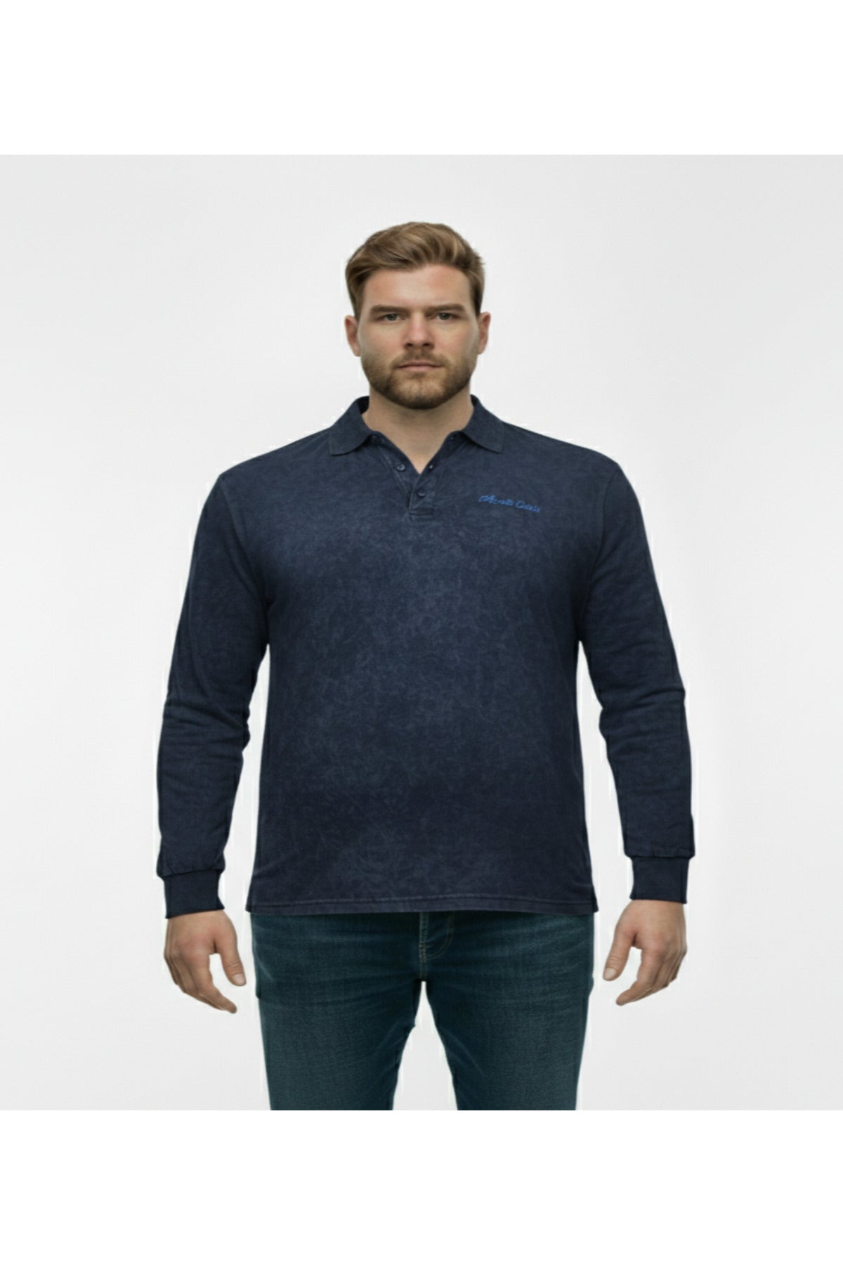 Büyük Beden Polo Yaka Uzun Kollu Kum Yıkamalı Sweatshirt