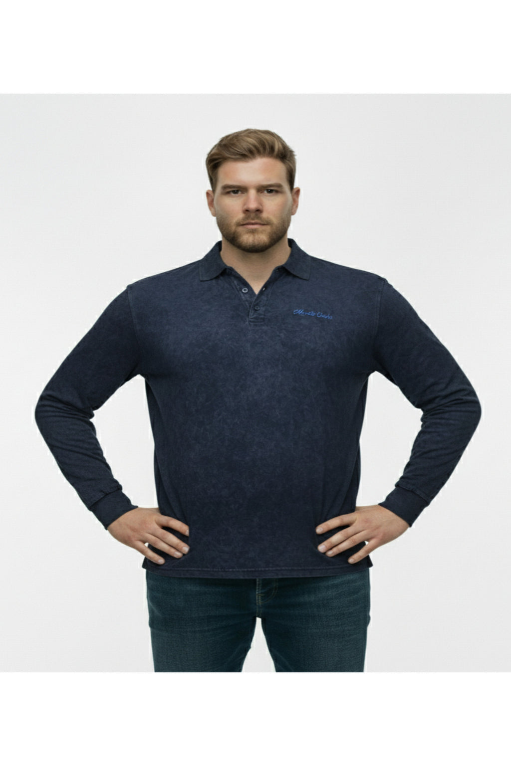 Büyük Beden Polo Yaka Uzun Kollu Kum Yıkamalı Sweatshirt