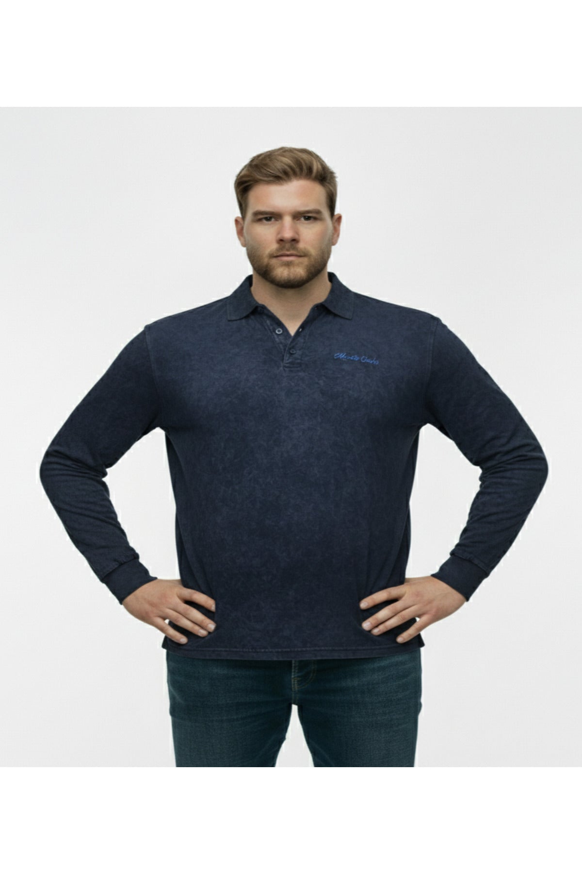 Büyük Beden Polo Yaka Uzun Kollu Kum Yıkamalı Sweatshirt