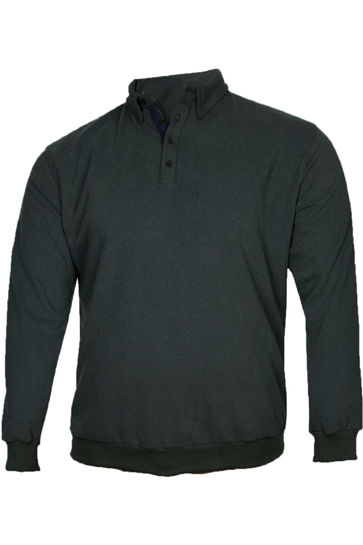 Büyük Beden Kışlık Polo Yaka Sweatshirt Kahverengi