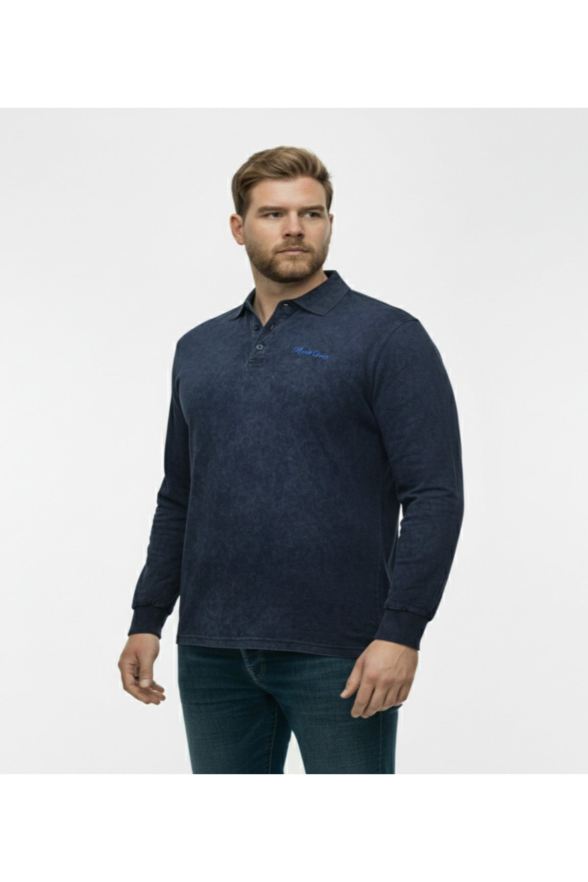 Büyük Beden Polo Yaka Uzun Kollu Kum Yıkamalı Sweatshirt