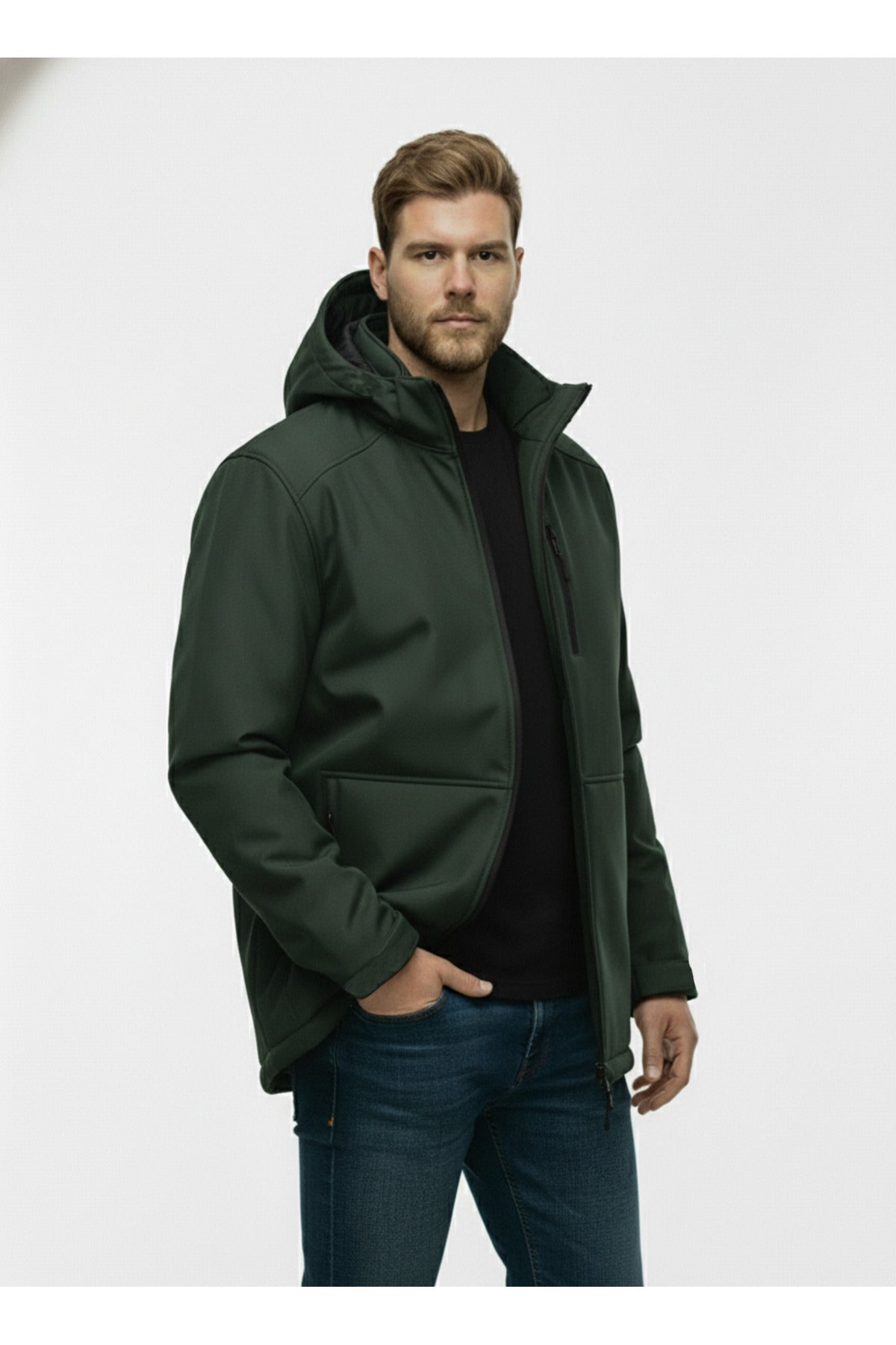 Büyük Beden Softshell Su Geçirmez Kapuşonlu Erkek Kaban 3XL-8L